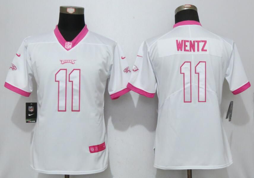 Women 2017 Philadelphia Eagles #11 Wentz Matthews White Pink Stitched New Nike Elite Rush Fashion NFL Jersey->women nfl jersey->Women Jersey